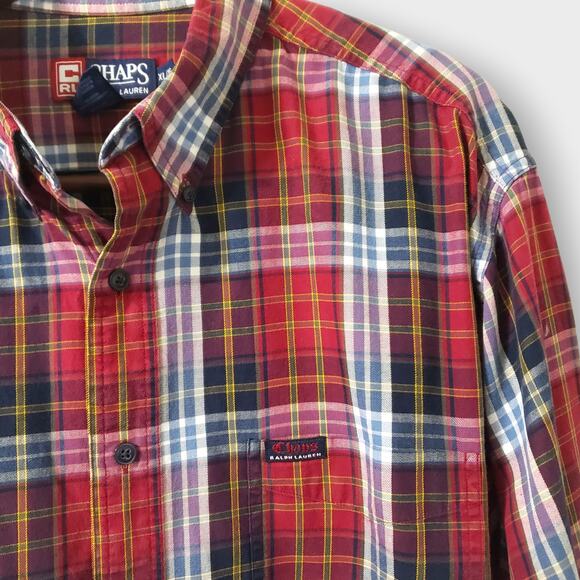 Chaps Ralph Lauren Madras Plaid Button Down Shirt XL Red Pocket Preppy Western - Picture 4 of 12